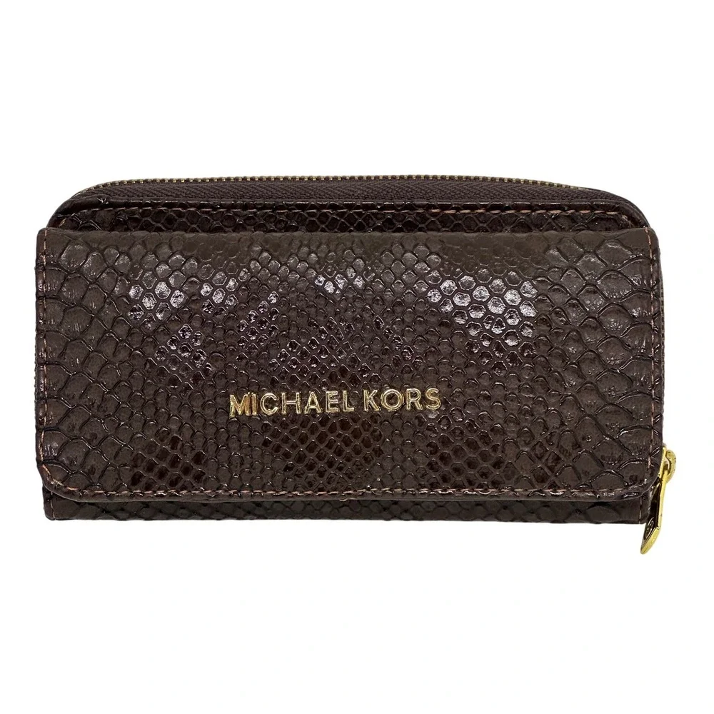 Michael Kors Wallet Brown Snake Embossed‎ Zip Around Continental Clutch Women